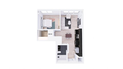 Floor plan for 1 bed, 1 bath, 599 sqft